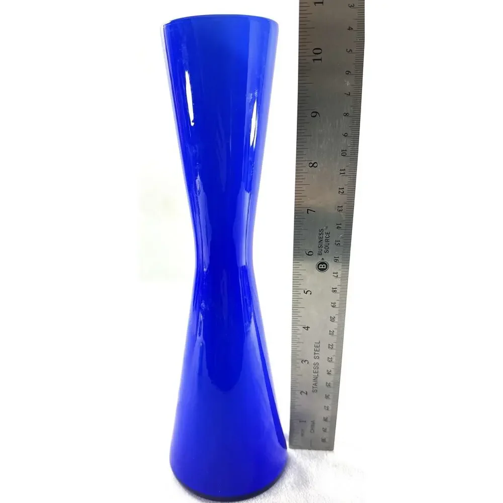 Cobalt Blue Art Glass Pitcher 10.75” Clear Applied Handle Modern Vase - Picture 2 of 6